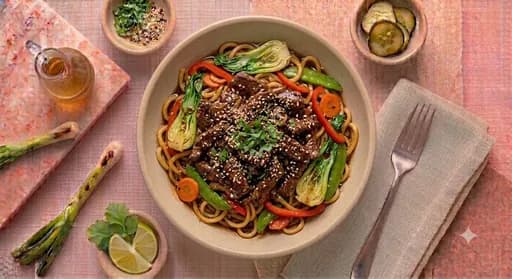 Asian Beef & Veggie Stir-Fry — Wok-seared beef, crisp veggies, noodles, house Asian sauce.