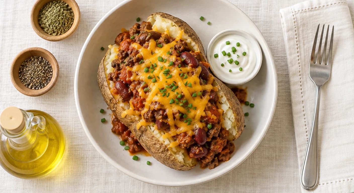 Beef Chili & Baked Potato — Hearty beef chili spooned over a fluffy baked potato, sprinkled with cheddar cheese and served with a side of sour cream sauce.