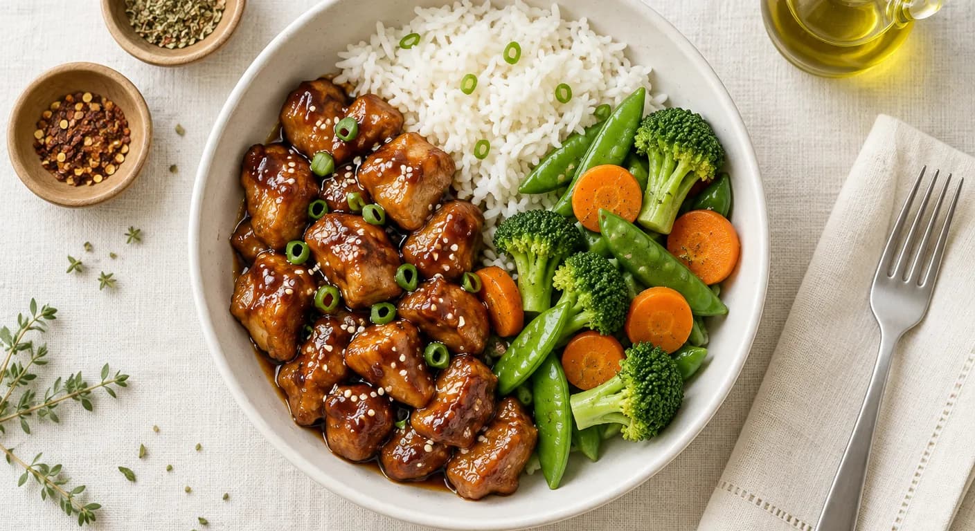 Bourbon Chicken & Jasmine Rice — Tender chicken glazed in a sweet and savory bourbon sauce, served with fluffy jasmine rice and a side of steamed vegetables.
