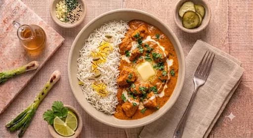 Butter Chicken & Basmati Rice — Tender chicken simmered in a spiced tomato-cream sauce over fluffy basmati rice.