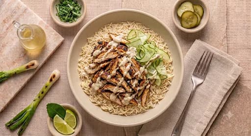 Chicken Shawarma & Basmati — Chicken shawarma, basmati, tahini-lemon, shaved cucumber.
