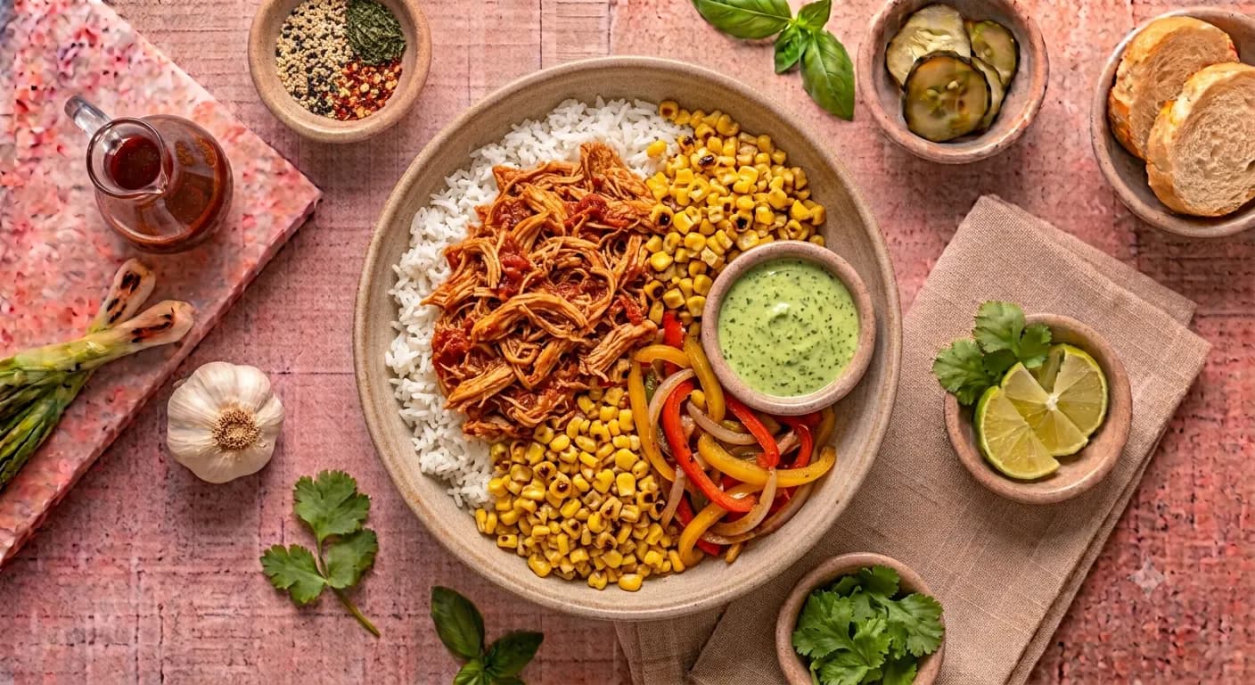 Chicken Tinga Bowl — Smoky shredded chipotle chicken served with white rice, sweet corn, and sautéed onions and peppers. Accompanied by our creamy cilantro sauce.