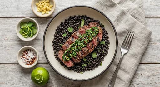 Chimichurri Steak & Lentils — Grilled steak, green lentils, bright chimichurri, blistered tomato.