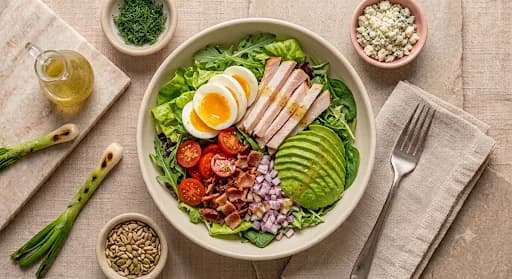 Cobb Power Salad — Soft egg, smoked turkey, avocado, crisp greens, dijon.