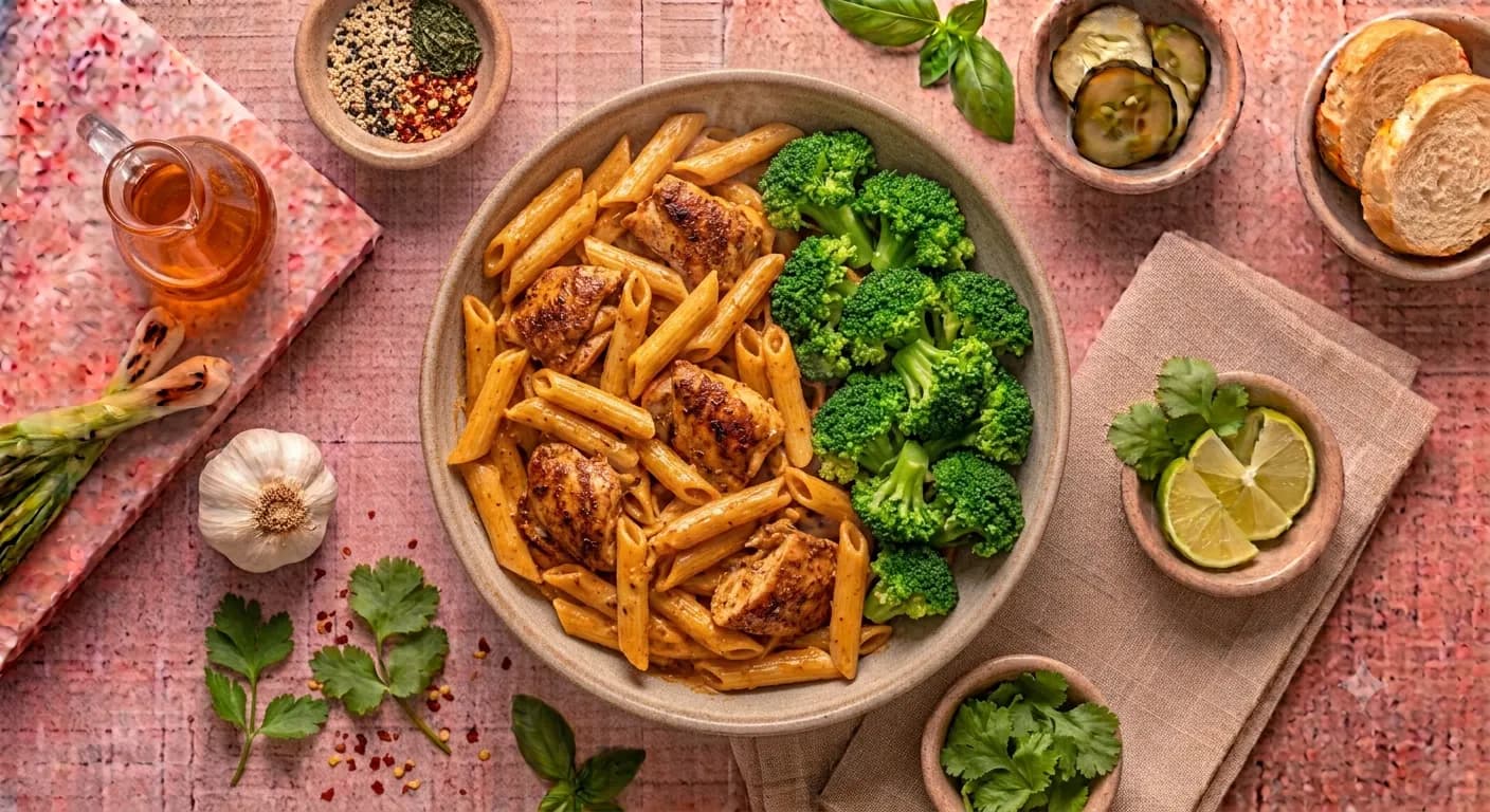 Creamy Cajun Chicken Penne — Seasoned Cajun chicken and penne pasta tossed in a rich, creamy Cajun sauce and served with broccoli.