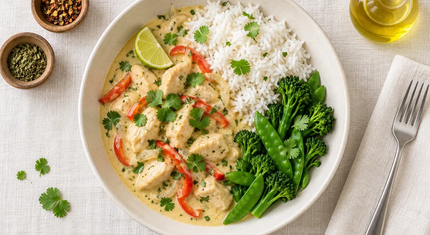 Creamy Coconut Chicken & Jasmine Rice — Tender chicken simmered in a rich, creamy coconut sauce, served with fluffy jasmine rice and seasonal vegetables.
