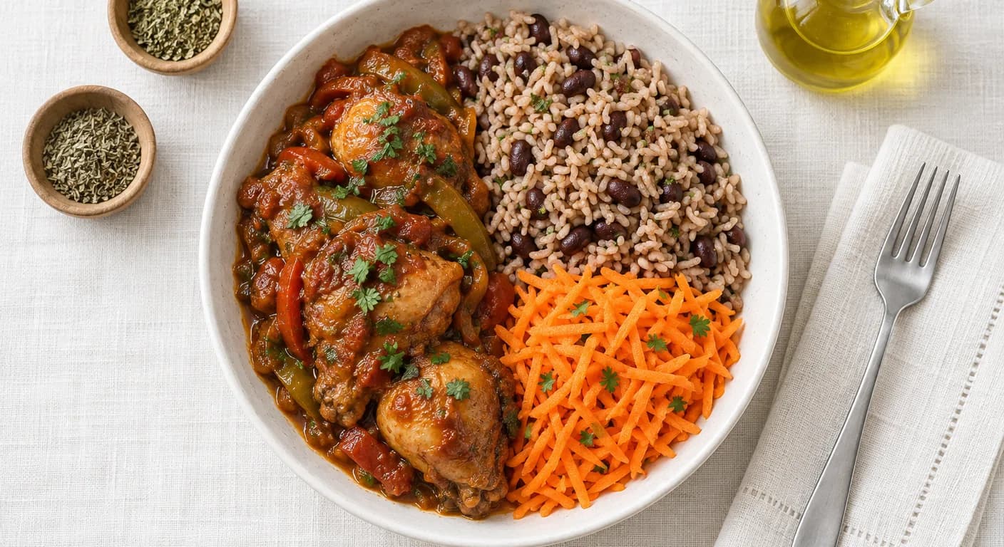 Dominican Stewed Chicken & Moro Rice — Dominican-style stewed chicken in a savory sofrito sauce, served with moro rice and a fresh shredded carrot salad.