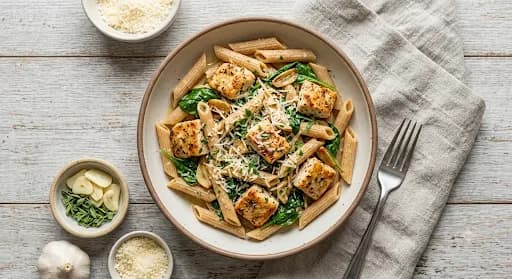 Garlic Chicken Pasta — Penne, grilled chicken, garlic cream sauce, parmesan, fresh herbs.
