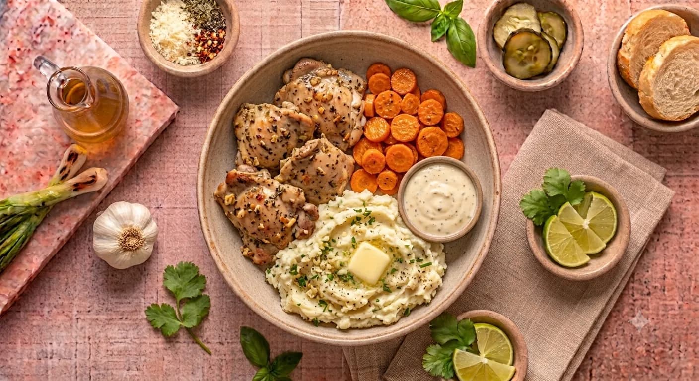 Garlic Herb Chicken Thighs — Tender garlic herb-marinated boneless chicken thighs served with garlic mashed potatoes, honey-glazed roasted carrots, and a side of creamy garlic Parmesan sauce.