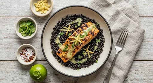 Ginger-Lime Salmon & Black Lentils — Seared salmon, black beluga lentils, ginger-lime glaze, scallion.