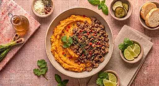 Ground Turkey, Sweet Potato Mash & Cauliflower — Lean seasoned ground turkey with creamy sweet potato mash and roasted cauliflower.