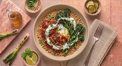 Harissa Chicken & Farro — Farro, harissa chicken, charred broccolini, herbed yogurt.