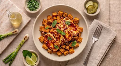 Harissa Halloumi & Sweet Potato — Harissa halloumi, sweet potato mash, chickpea, mint.