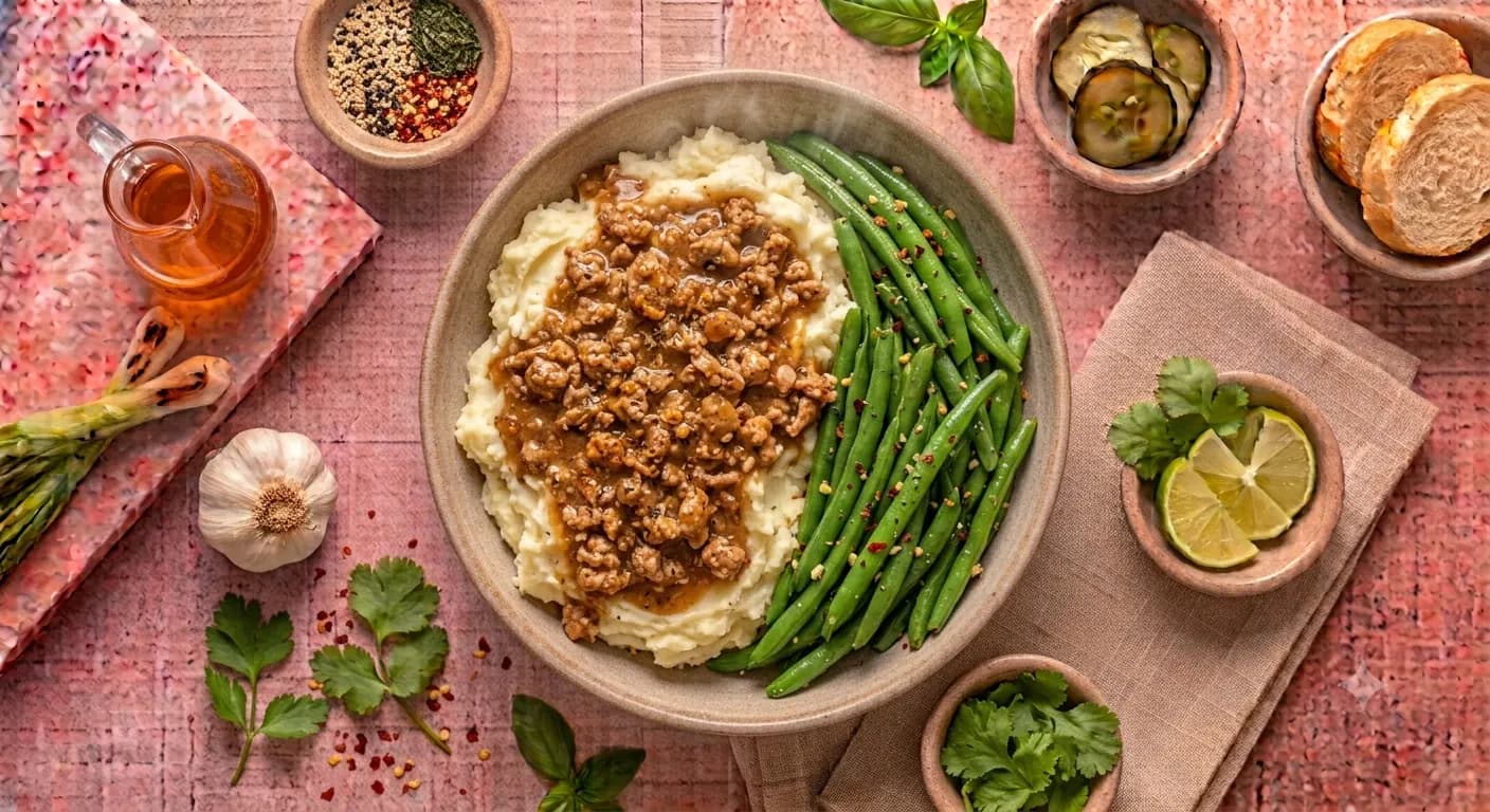 Homestyle Turkey & Mash — Savory seasoned ground turkey served over creamy mashed potatoes with homemade gravy and a side of seasoned green beans.