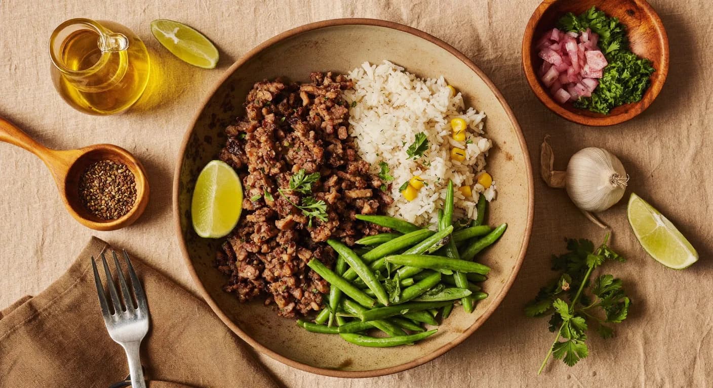 Latin-Style Turkey, Rice & Corn — Latin-seasoned ground turkey with rice and sweet corn folded through, and green beans.