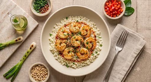 Lemon Garlic Shrimp & Cauliflower Rice — Lemon-garlic shrimp, cauliflower rice, parsley, chili oil.