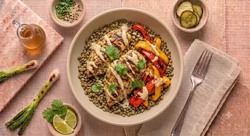 Lentil & Grilled Chicken Bowl — Green lentils, grilled chicken, roasted peppers, lemon-tahini.