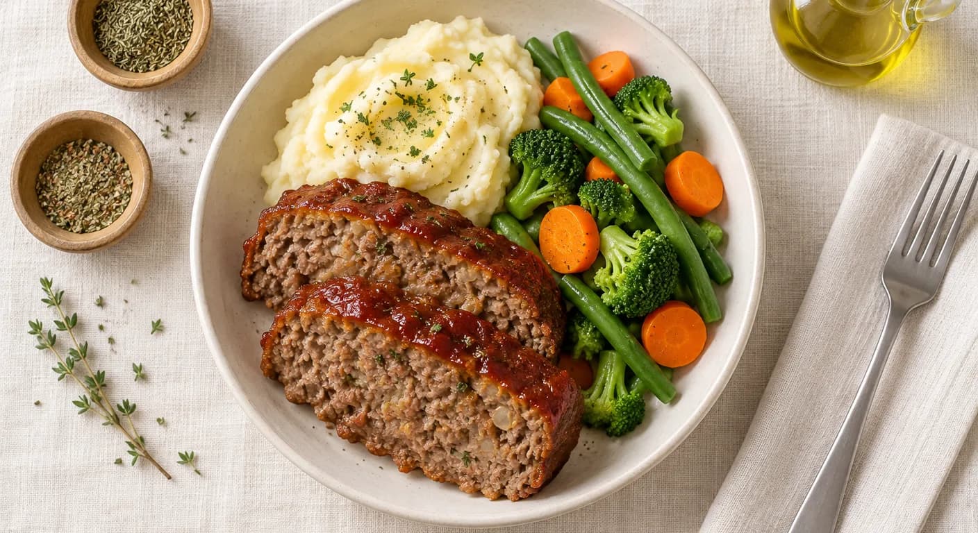 Meatloaf & Mashed Potatoes — Classic homestyle meatloaf with a sweet tomato glaze, served with creamy mashed potatoes and vegetables on the side.