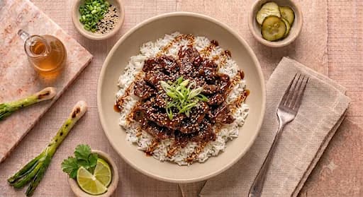 Mongolian Beef & Jasmine Rice — Mongolian beef, jasmine rice, scallion, toasted sesame.