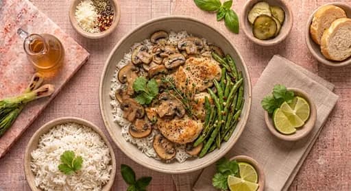 Mushroom Chicken, Jasmine Rice & Garlic Green Beans — Seared chicken in a savory mushroom sauce with jasmine rice and garlic green beans.