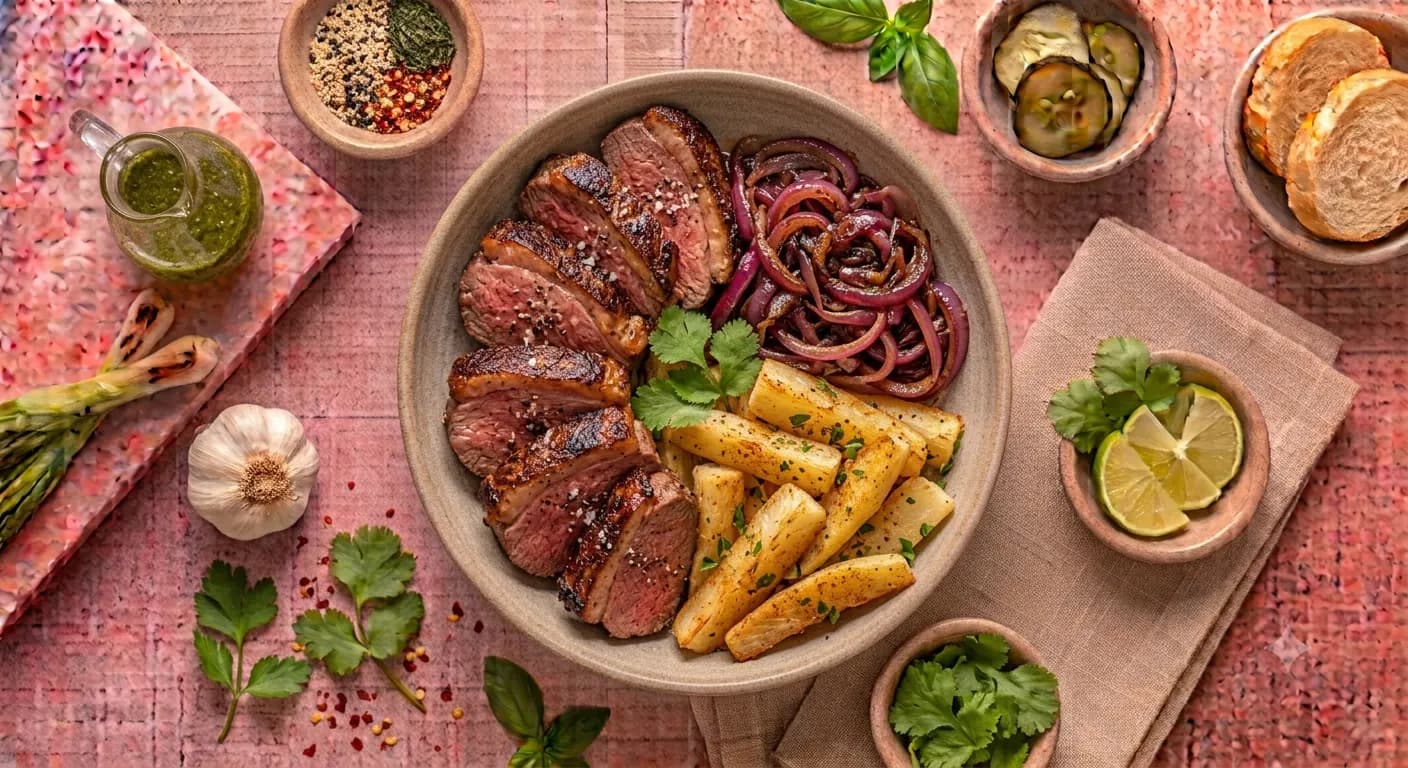 Pan-Seared Picanha & Yuca — Pan-seared picanha steak with tender seasoned yuca and sautéed pickled red onions.