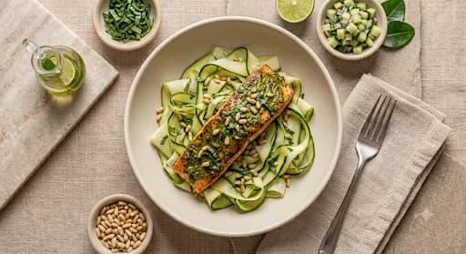 Pesto Salmon & Zucchini Ribbons — Basil pesto salmon, zucchini ribbons, pine nut, lemon.