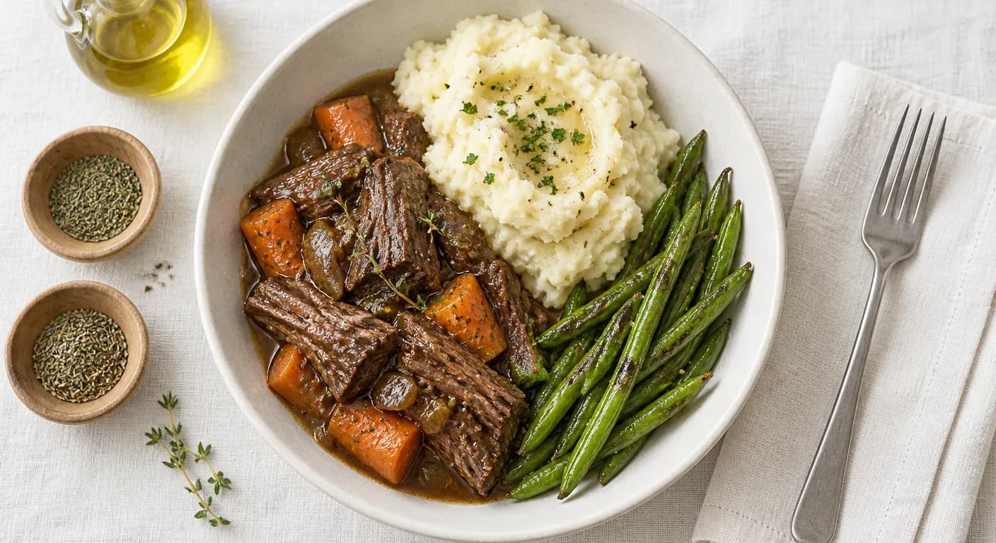 Pot Roast with Garlic Mash & Green Beans — Slow-braised, fork-tender pot roast in rich gravy, served with garlic mashed potatoes and roasted green beans.