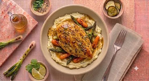 Roasted Lemon Chicken — Roasted lemon chicken breast, buttery mashed potatoes, seasonal veggies.