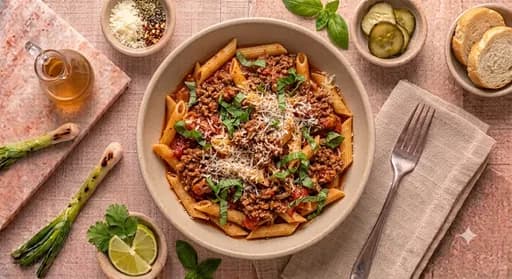 Rustic Beef Ragú Penne — Slow-simmered beef ragù tossed with penne, San Marzano tomato, and fresh herbs.