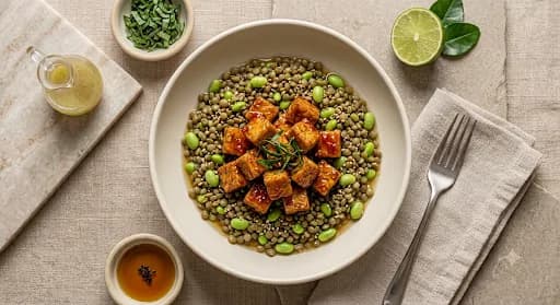 Sambal Tempeh & Green Lentils — Sambal-glazed tempeh, green lentils, edamame, toasted sesame.