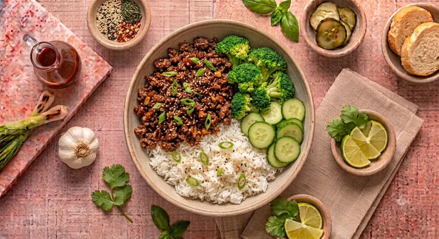Sweet Heat Korean Beef Bowl — Tender lean ground beef caramelized and glazed in a bold Korean-inspired gochujang sauce with garlic, fresh ginger, soy sauce, honey, and toasted sesame oil. Served over fluffy jasmine rice with lightly steamed broccoli, crisp cucumbers, and finished with fresh green onions and toasted sesame seeds. A perfect balance of sweet, savory, and mild heat.