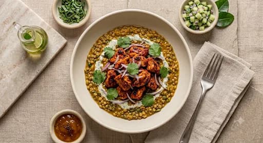 Tandoori Chicken & Red Lentil Dal — Tandoori chicken, red lentil dal, cucumber, coconut-mint.