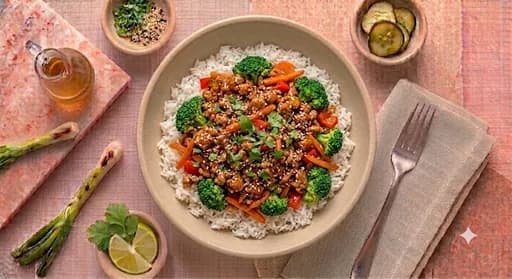 Teriyaki Turkey Power Bowl — Teriyaki turkey, white jasmine rice, house teriyaki, broccoli & veggies.