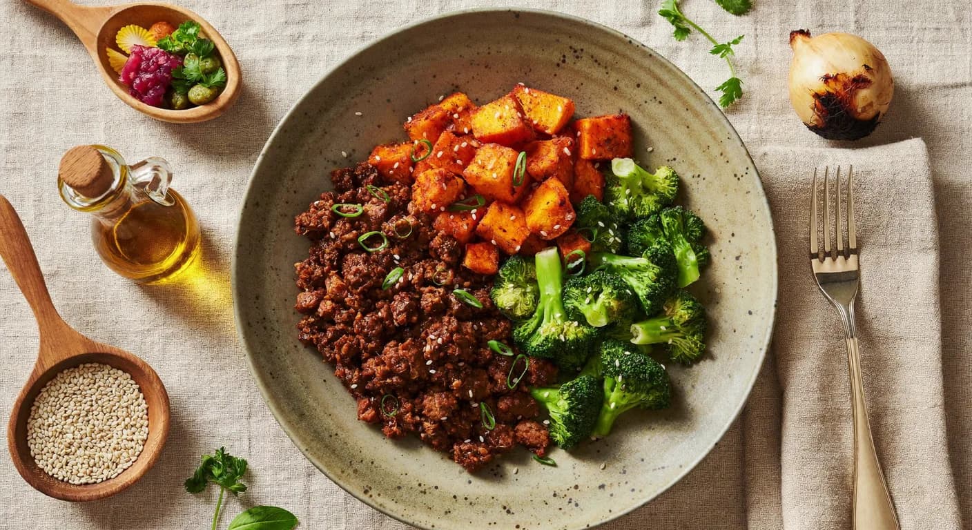 Teriyaki Turkey, Sweet Potato & Broccoli — Teriyaki ground turkey with roasted sweet potatoes and broccoli.