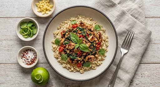 Thai Basil Chicken & Quinoa — Thai basil chicken, fluffy quinoa, chili-lime, crisp green beans.