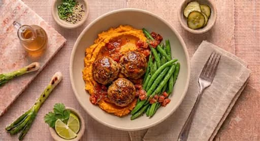 Turkey Meatball Power Plate — Sweet potato mash, green beans, tomato herb sauce.