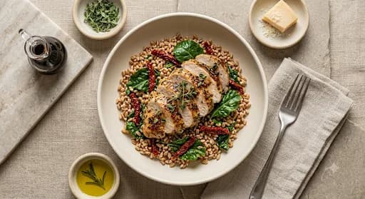 Tuscan Turkey & Farro — Herbed turkey, nutty farro, sun-dried tomato, baby kale.